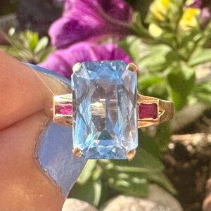 Blue Topaz Ruby Ring, 14k Gold, Sz 6.5, EUC